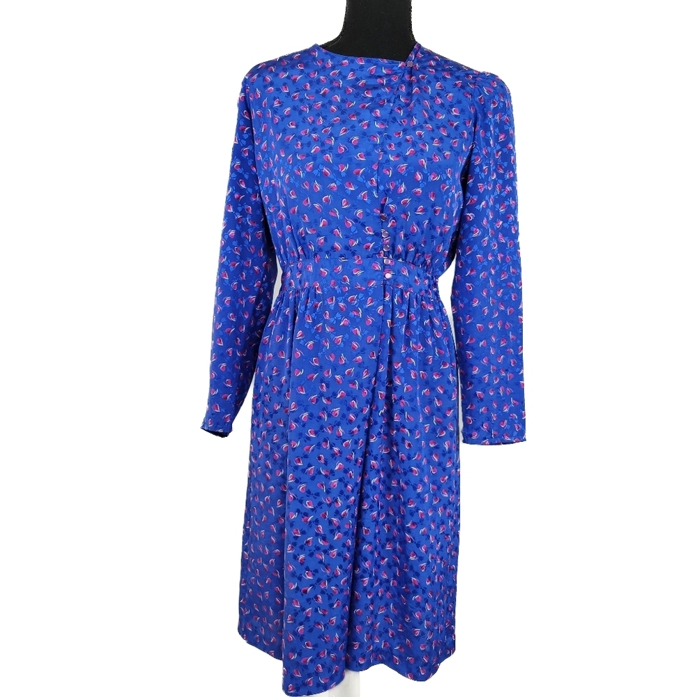Vtg Mel Naftal Silky Crewneck Longsleeve Above The Knee Mini Dress Blue Floral